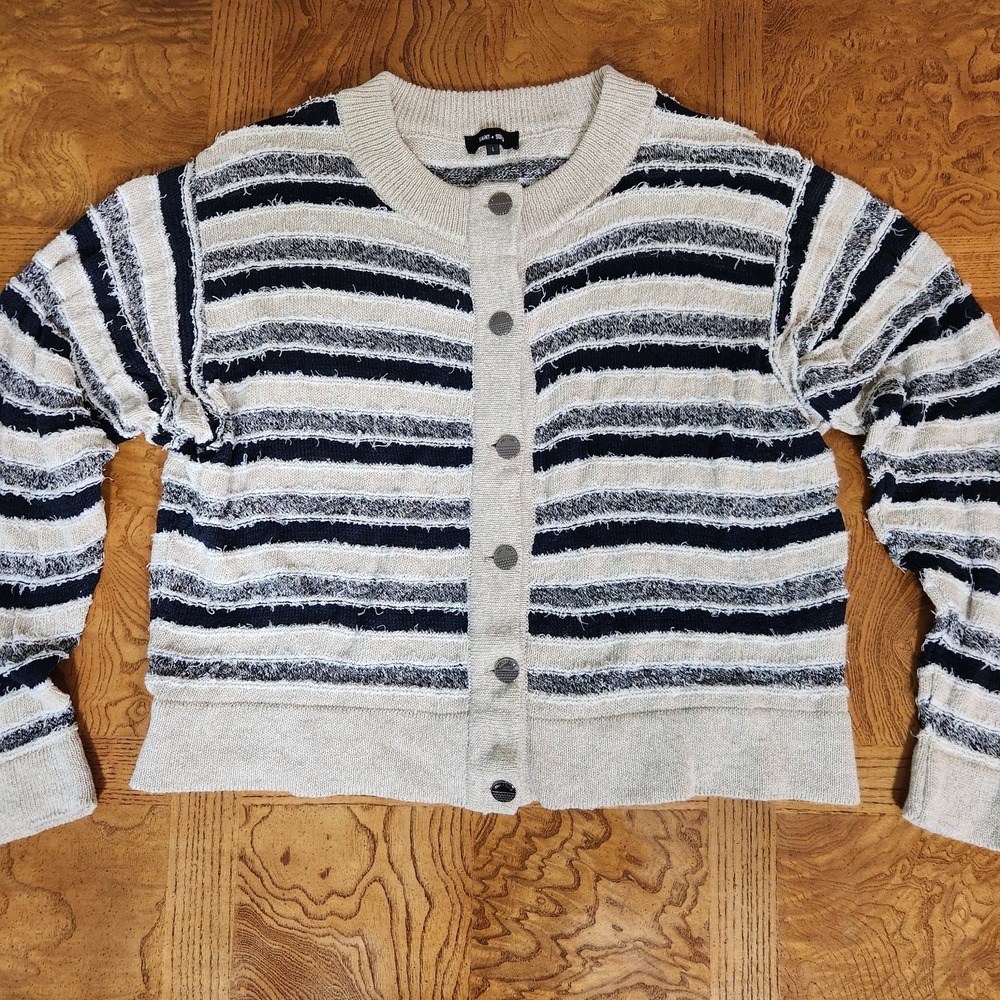 Saint And Sophia Ariella Beige Stripe Knit Cardigan Large Handmade In Bulgaria
